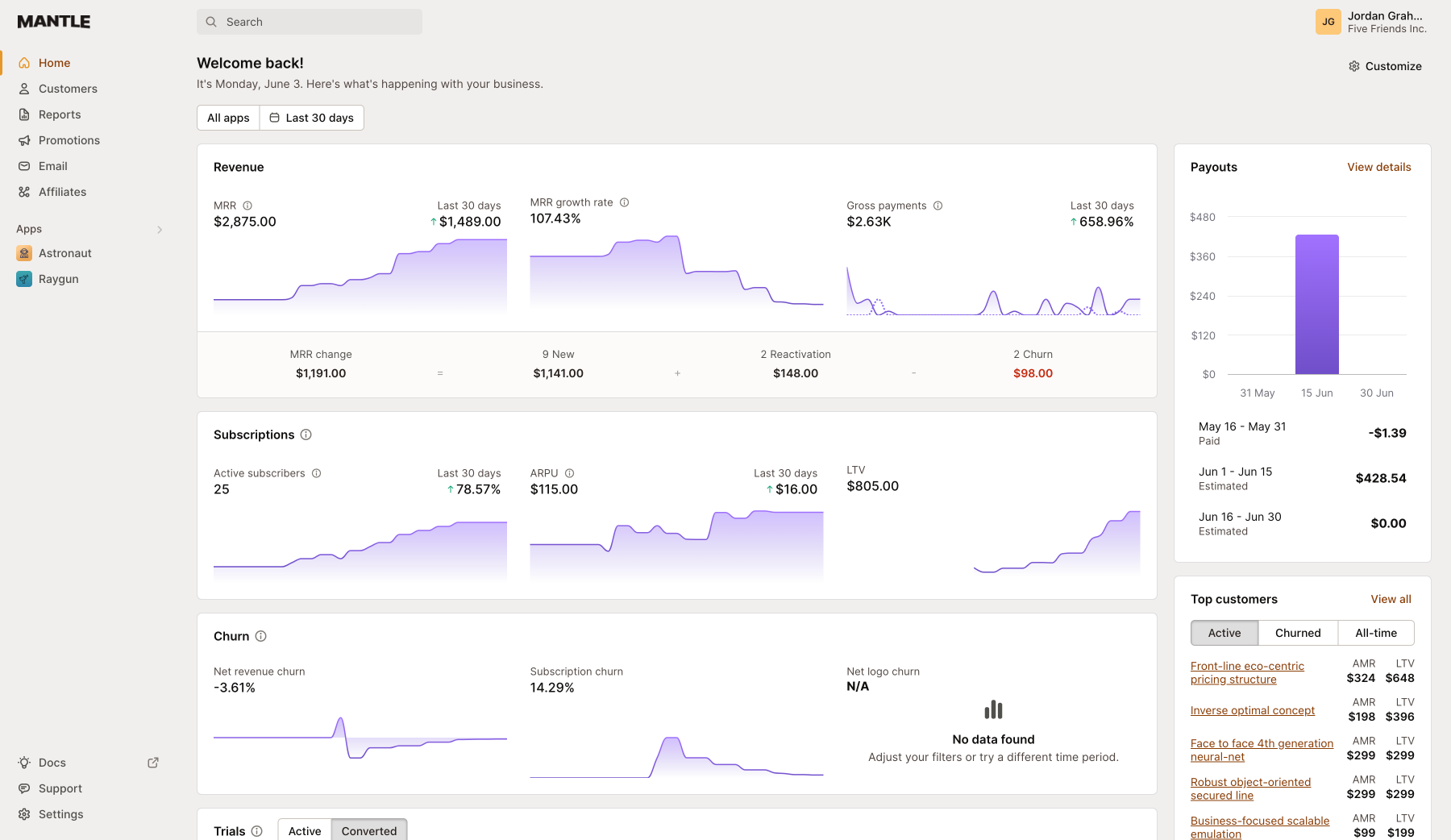 Mantle dashboard showing example MRR and Payout data