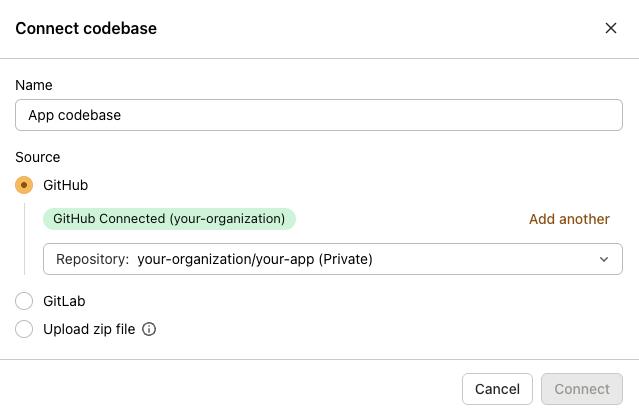 Connect agents to your GitHub or GitLab repositories for code assistance. Agents can search your codebase, answer questions, and help debug issues.