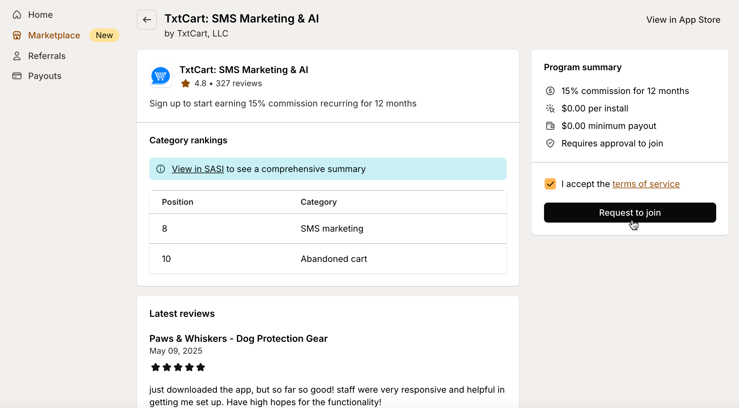 TxtCart's affiliate dashboard in Mantle