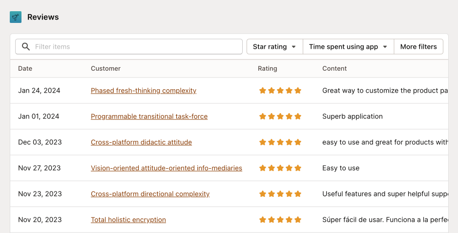 Get an overview of all your reviews. See which customer has left a review, when they left it, and more.