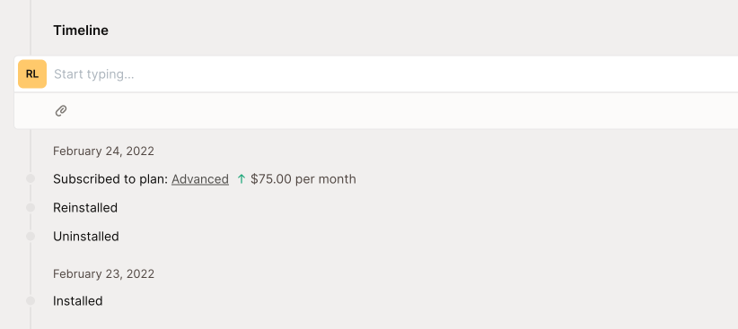 Use the customer timeline view to see a full history of app events like installs, uninstalls, reviews, and more.