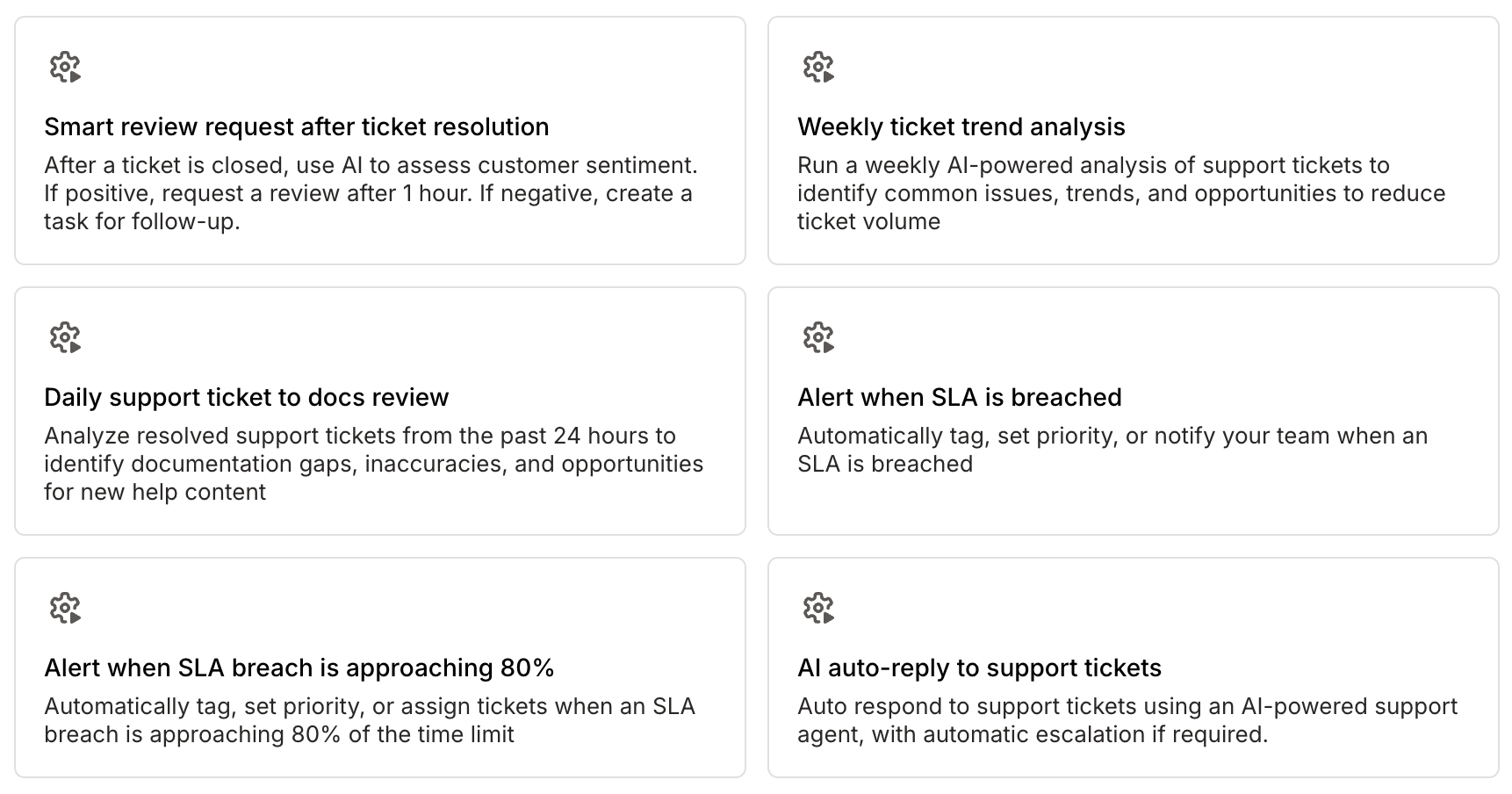 Set up workflows that automatically route tickets, assign priorities, and update statuses. Send autoresponders and get notified when important tickets arrive.