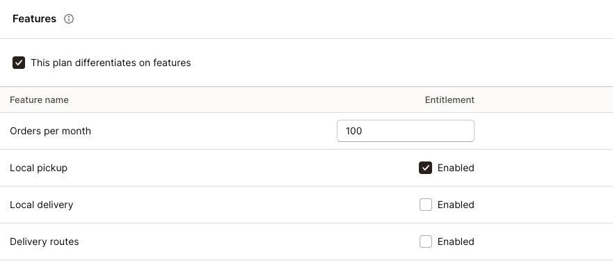 Specify which features exist on each plan. View our guide on adding [feature-gating](/docs/guides/feature-gating) to your app.