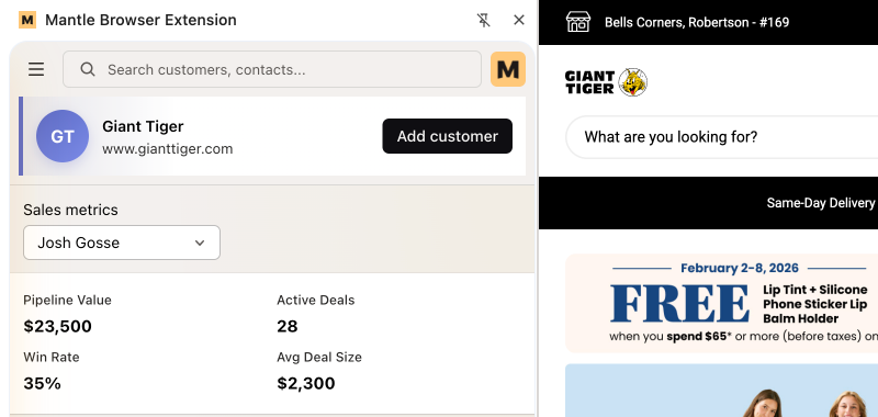 Detect Shopify stores as you browse and create leads with store details pre-populated—domain, currency, country. Link customers to stores for full context.