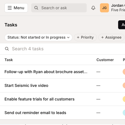 Create tasks for demos, proposals, and follow-ups with due dates. Log sales activities on deals and auto-create tasks at specific stages.