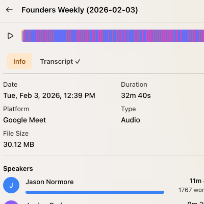 Capture calls from Google Meet, Zoom, and Teams. Get automatic transcriptions with speaker identification that matches voices to your contacts.